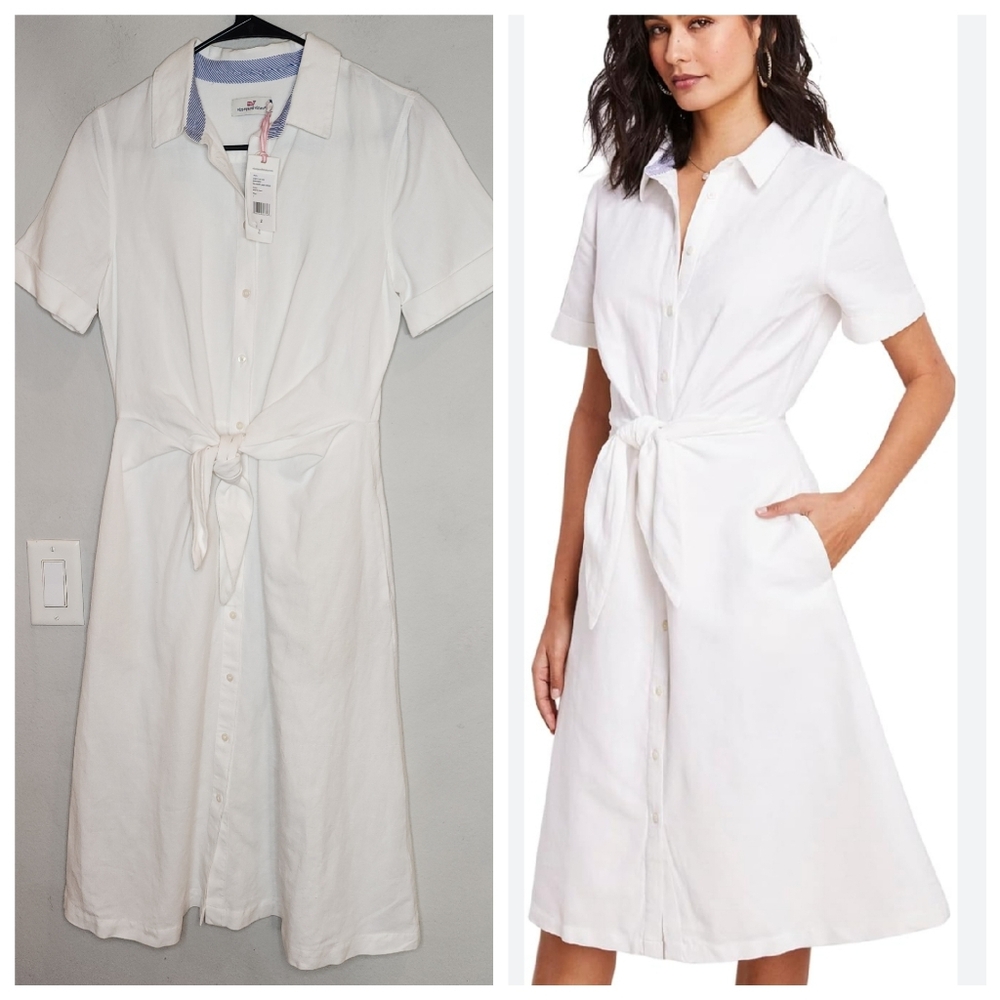 NWT Vineyard Vines Tie Front Button Linen White Dress Knee Length Midi Size 2